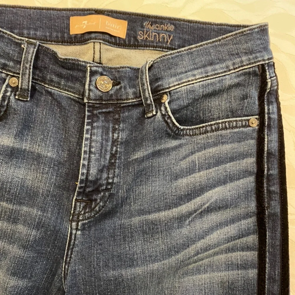 Seven For All Mankind dark skinny jeans with black velvet stripe down sides. - Picture 2 of 4